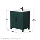 Wyndham Collection Beckett 30" Green Bathroom Vanity with Carrara Marble Top