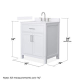 Wyndham Collection Beckett 30" Freestanding White Bath Vanity with Quartz Top