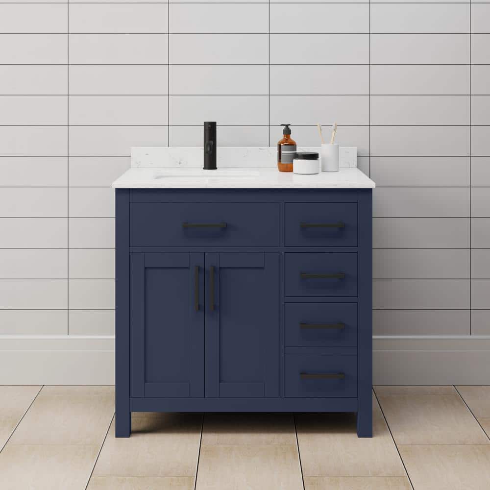 Wyndham Collection Beckett 36" Dark Blue Bathroom Vanity with Carrara Marble Top