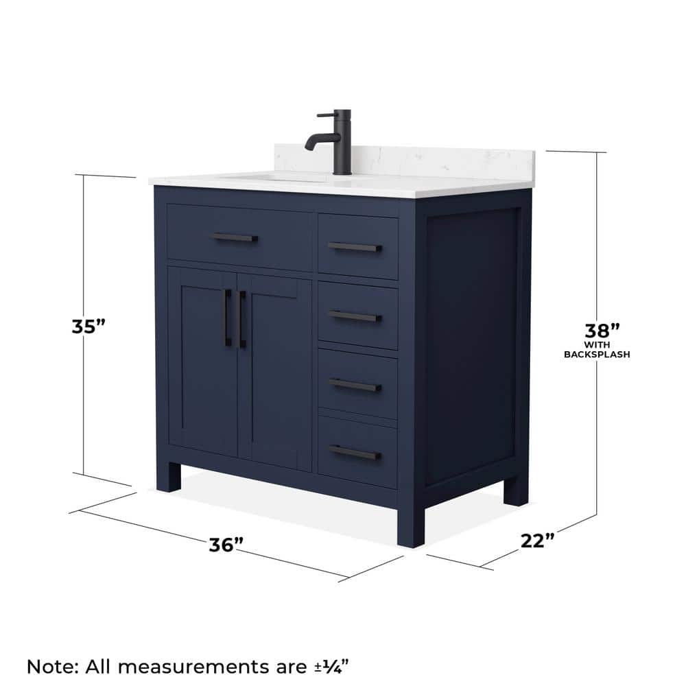 Wyndham Collection Beckett 36" Dark Blue Bathroom Vanity with Carrara Marble Top