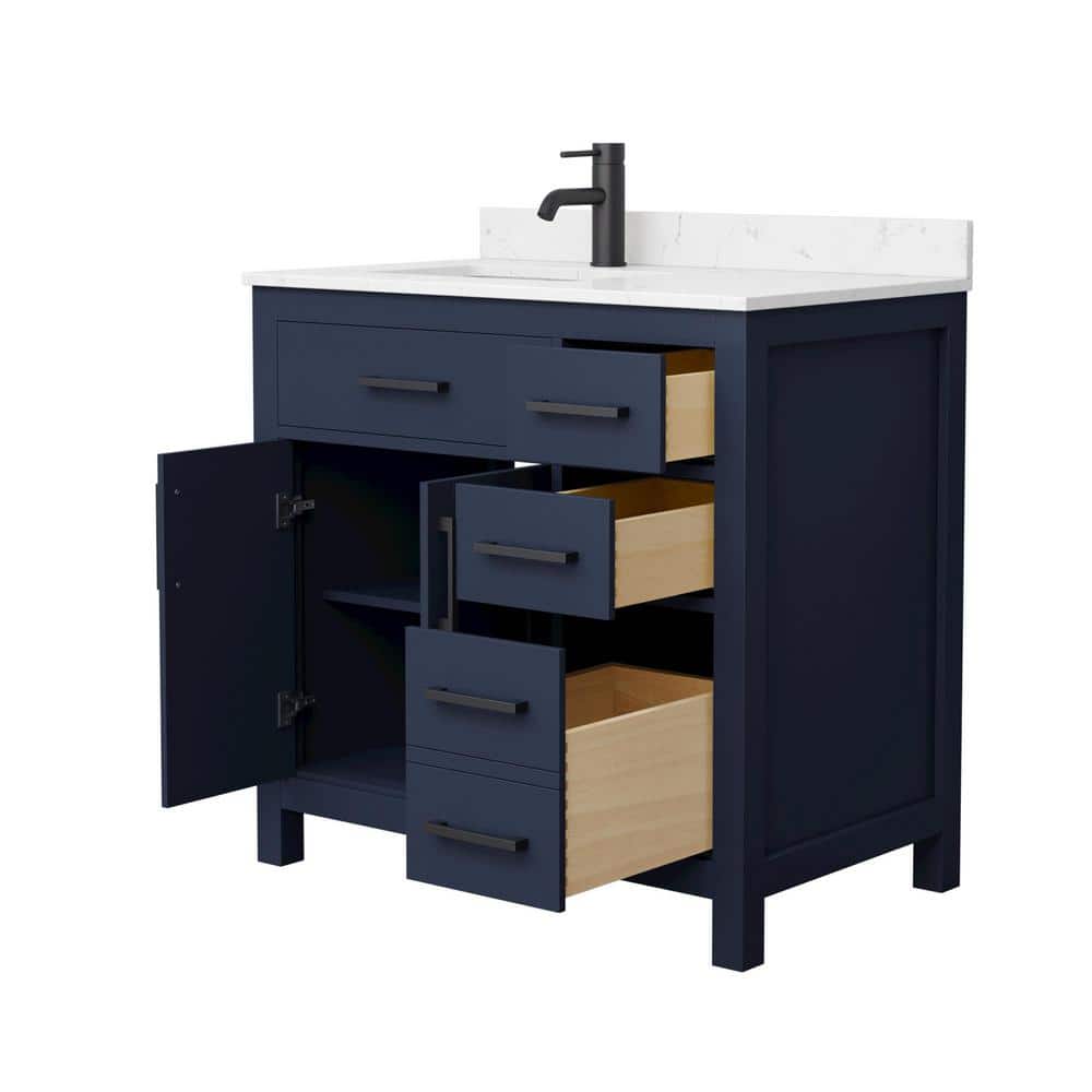 Wyndham Collection Beckett 36" Dark Blue Bathroom Vanity with Carrara Marble Top