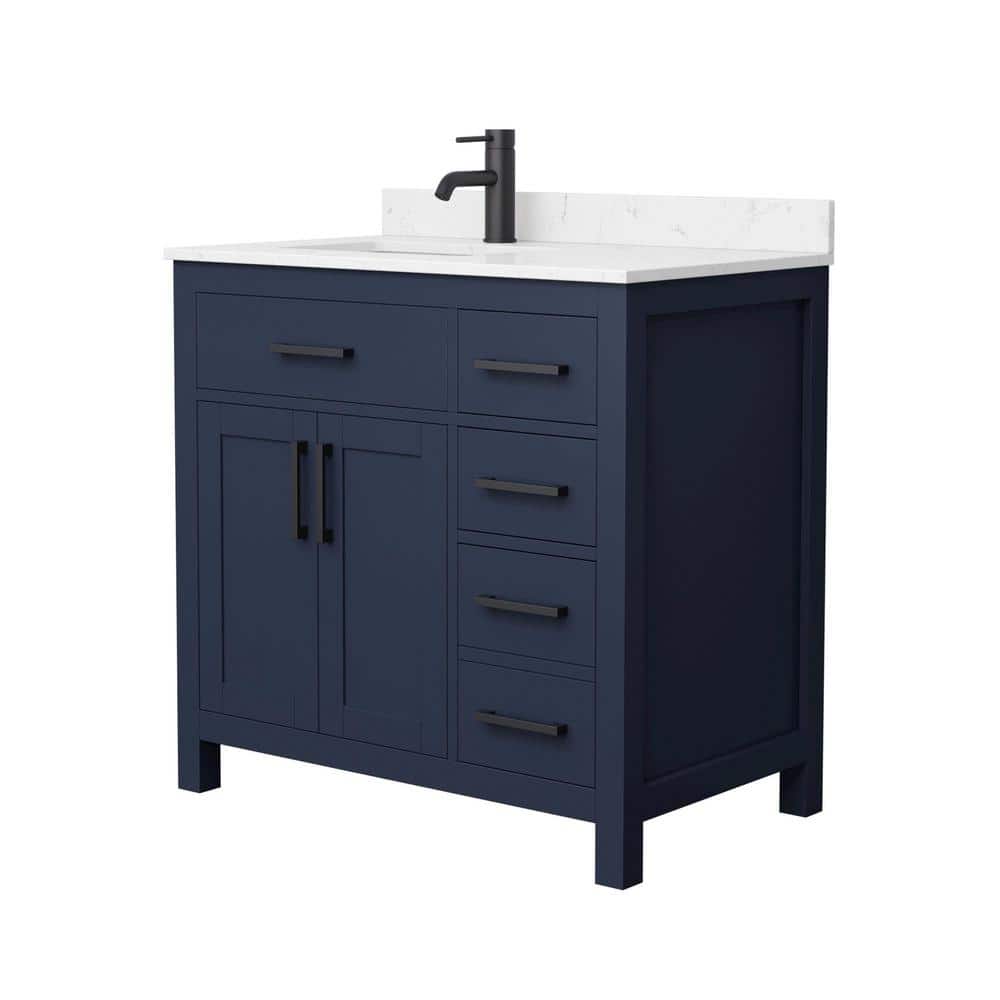 Wyndham Collection Beckett 36" Dark Blue Bathroom Vanity with Carrara Marble Top