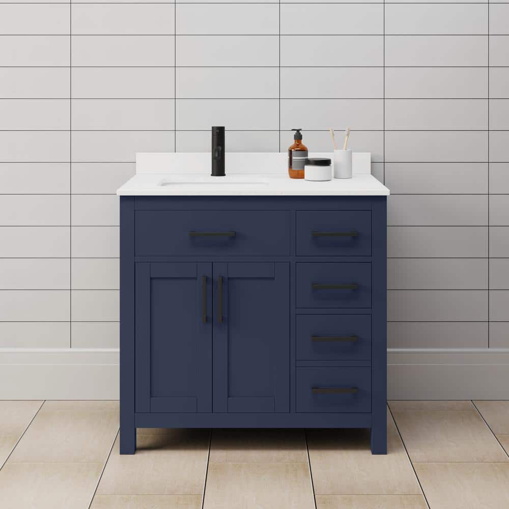 Wyndham Collection Beckett 36" Bathroom Vanity in Dark Blue with White Cultured Marble Top