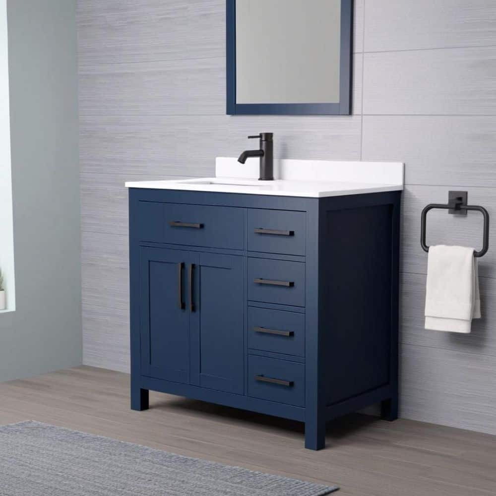 Wyndham Collection Beckett 36" Bathroom Vanity in Dark Blue with White Cultured Marble Top