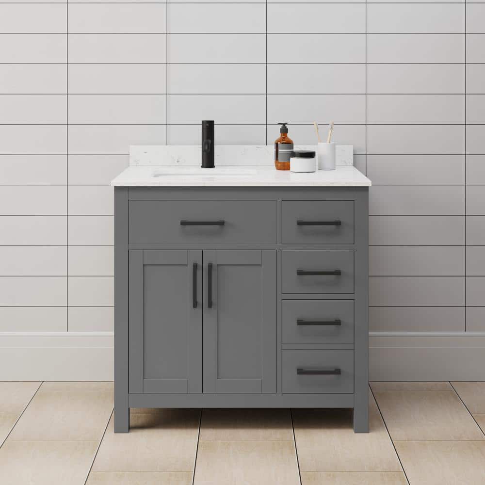 Wyndham Collection Beckett 36" Bathroom Vanity in Dark Gray with Carrara Marble Top