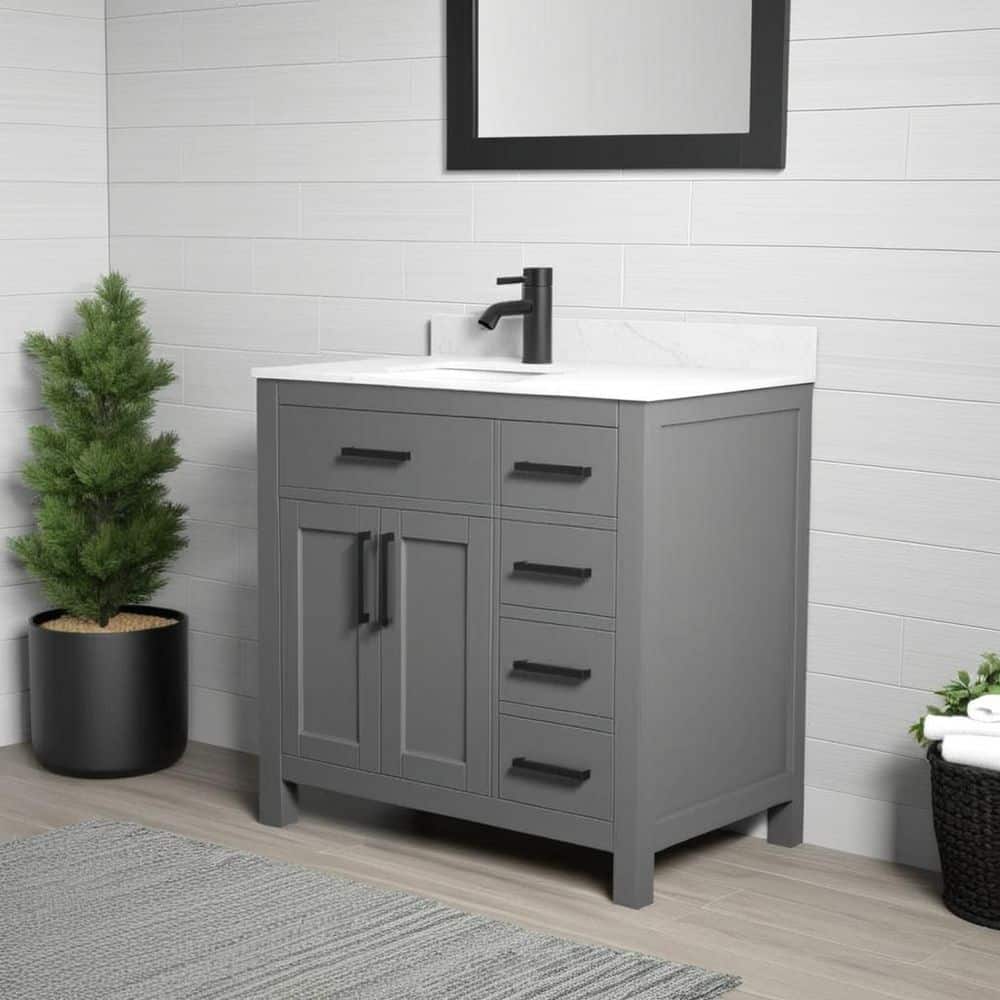 Wyndham Collection Beckett 36" Bathroom Vanity in Dark Gray with Carrara Marble Top