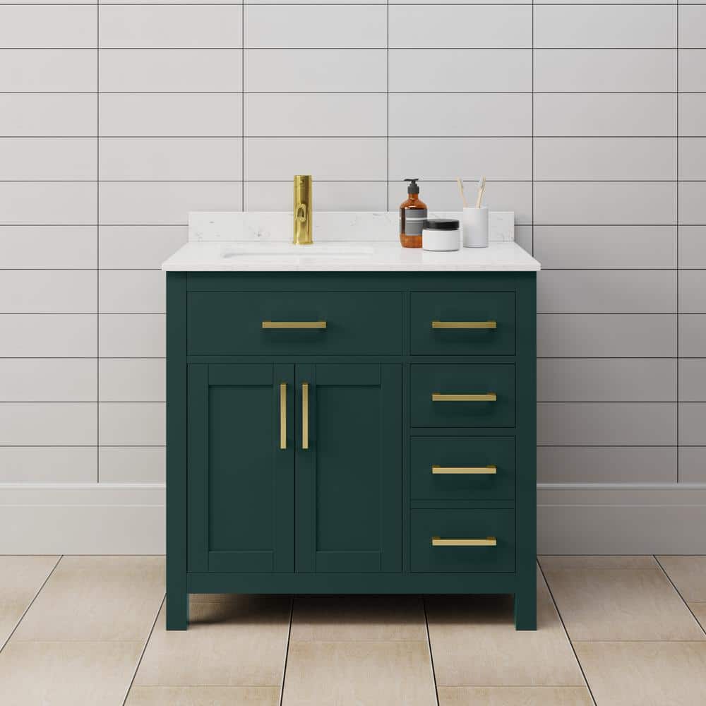 Wyndham Collection Beckett 36" Green Bathroom Vanity with Carrara Marble Top