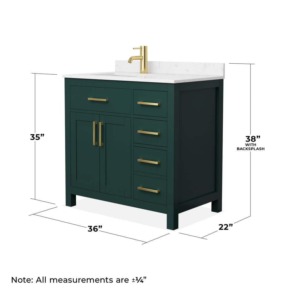 Wyndham Collection Beckett 36" Green Bathroom Vanity with Carrara Marble Top