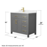 Wyndham Collection Beckett 36" Bathroom Vanity in Dark Gray with Carrara Marble Top
