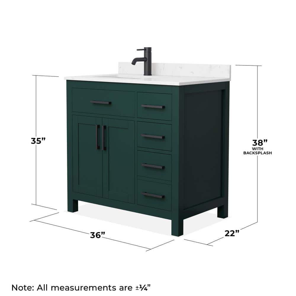 Wyndham Collection Beckett 36" Green Bathroom Vanity with Carrara Marble Top