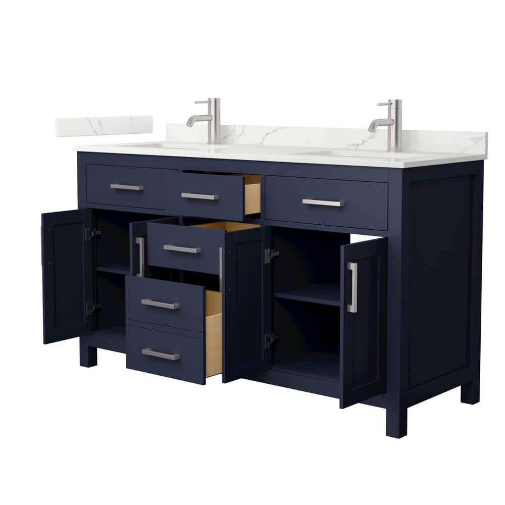 Wyndham Collection Beckett 60 in. Double Freestanding Dark Blue Bath Vanity with Giotto Quartz Top