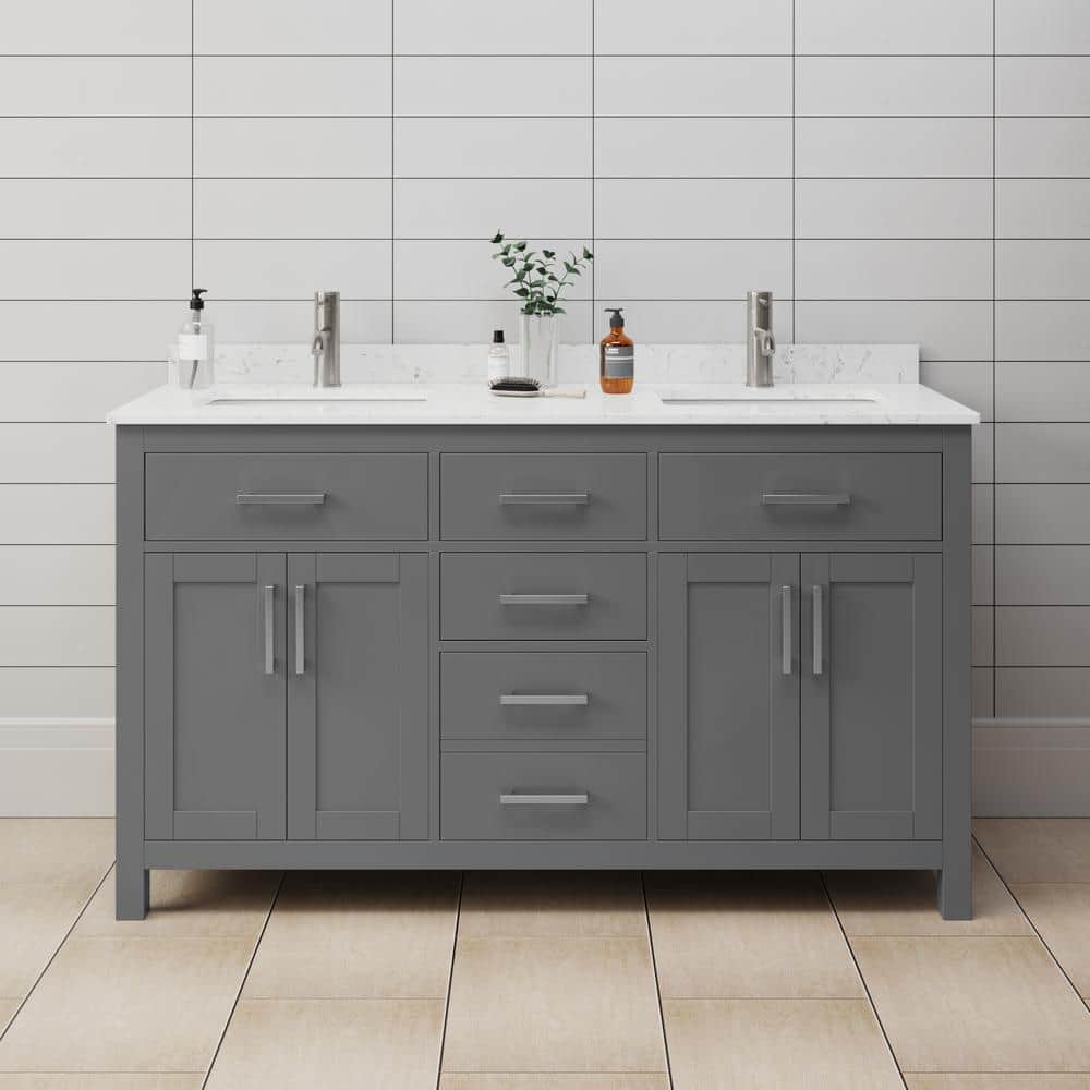 Wyndham Collection Beckett 60" Double Bath Vanity in Dark Gray with Cultured Marble Top and White Basins