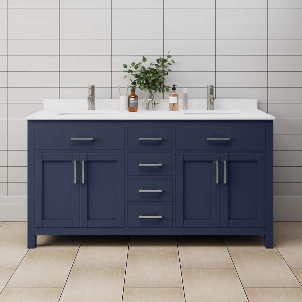 Wyndham Collection Beckett 66" Double Sink Bathroom Vanity in Dark Blue with Cultured Marble Top