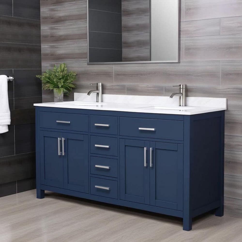 Wyndham Collection Beckett 66" Double Sink Bathroom Vanity in Dark Blue with Cultured Marble Top