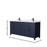 Wyndham Collection Beckett 72" Double Sink Bathroom Vanity in Dark Blue with Cultured Marble Top