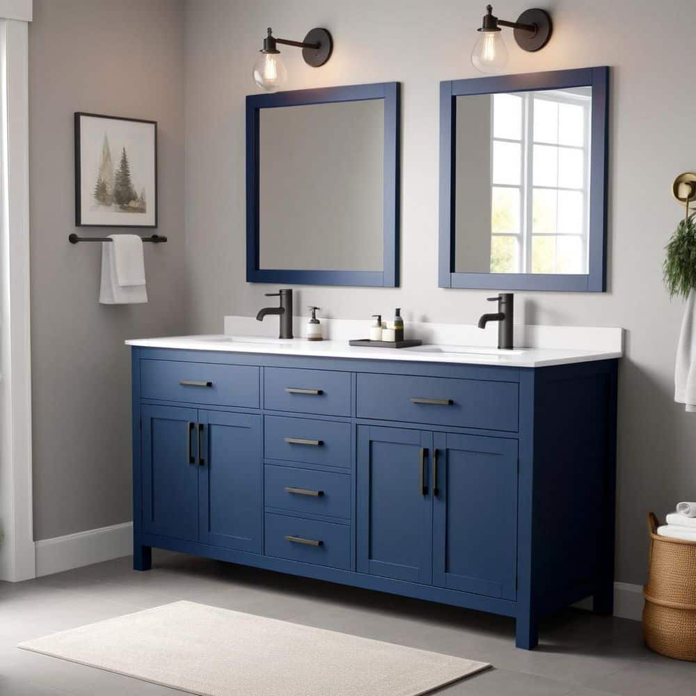 Wyndham Collection Beckett 72" Double Sink Bathroom Vanity in Dark Blue with Cultured Marble Top