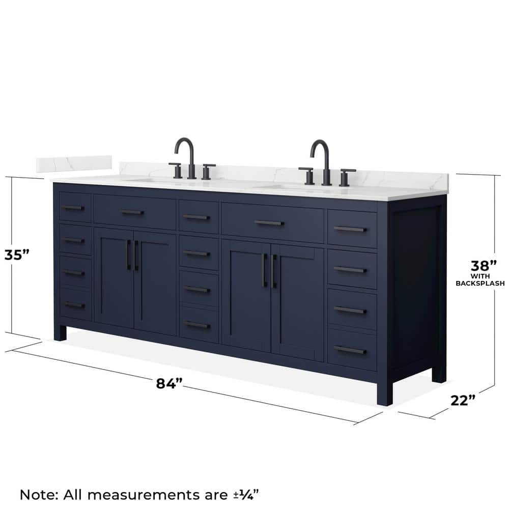 Wyndham Collection Beckett 84" Double Freestanding Dark Blue Bath Vanity with Giotto Quartz Top