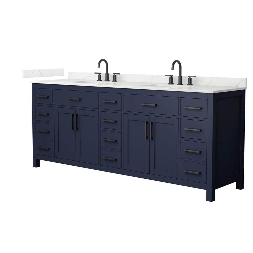 Wyndham Collection Beckett 84" Double Freestanding Dark Blue Bath Vanity with Giotto Quartz Top
