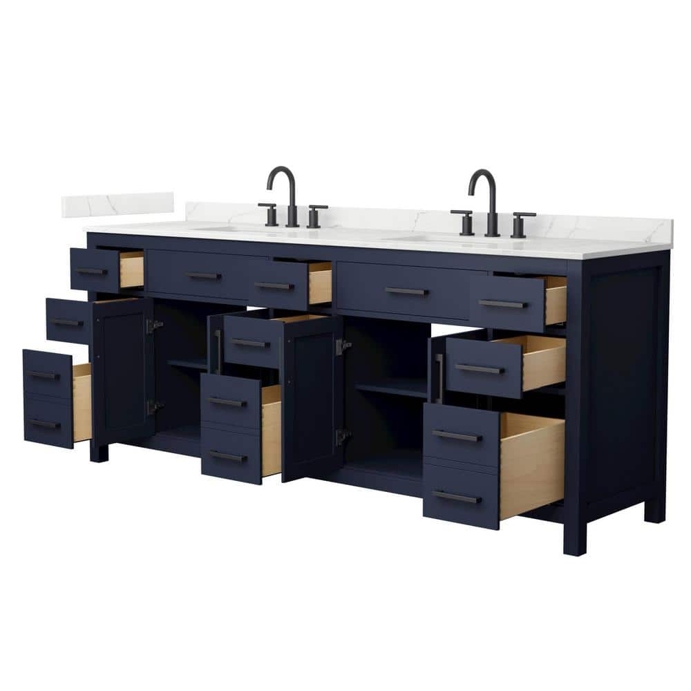 Wyndham Collection Beckett 84" Double Freestanding Dark Blue Bath Vanity with Giotto Quartz Top