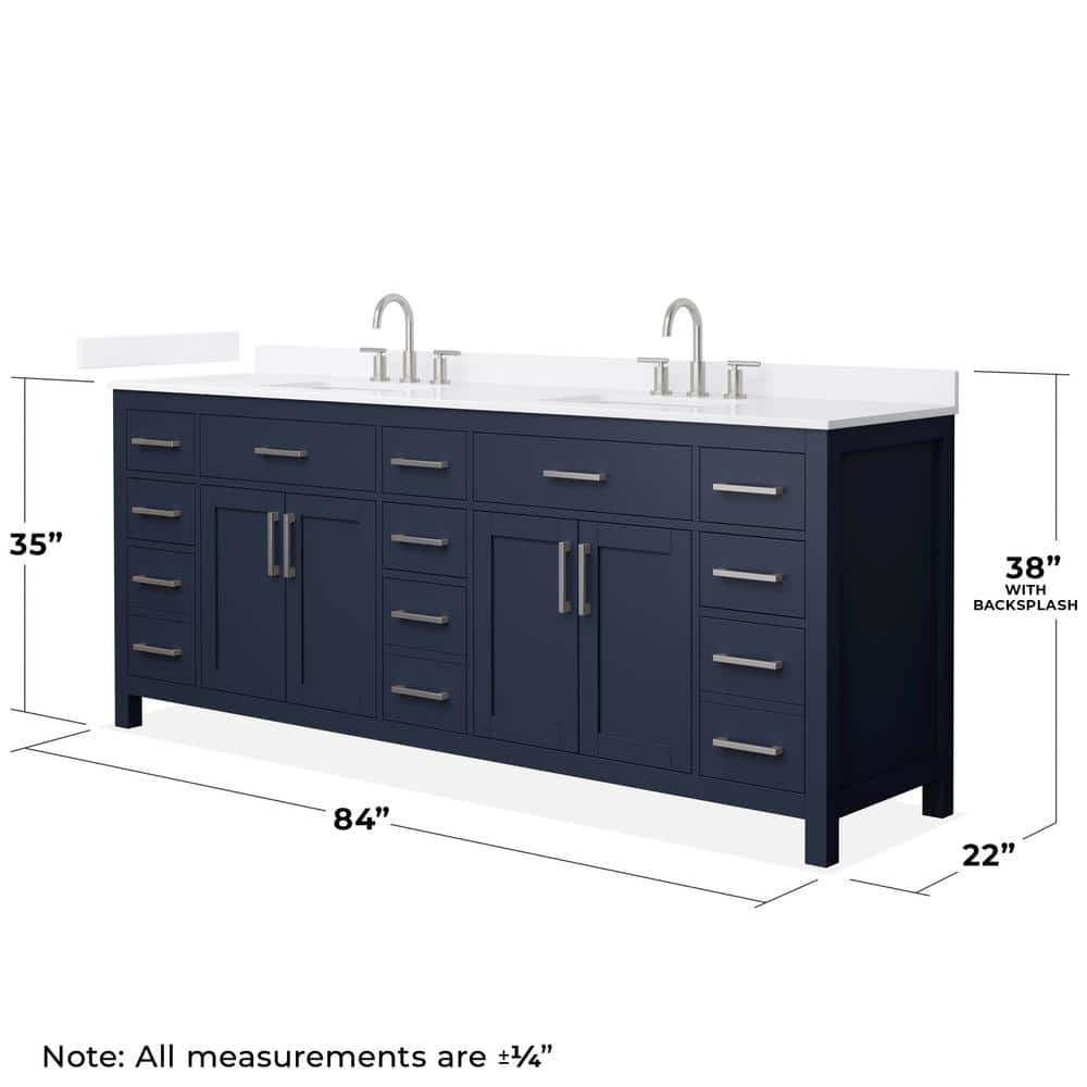 Wyndham Collection Beckett 84 in. Double Freestanding Dark Blue Bath Vanity with White Quartz Top