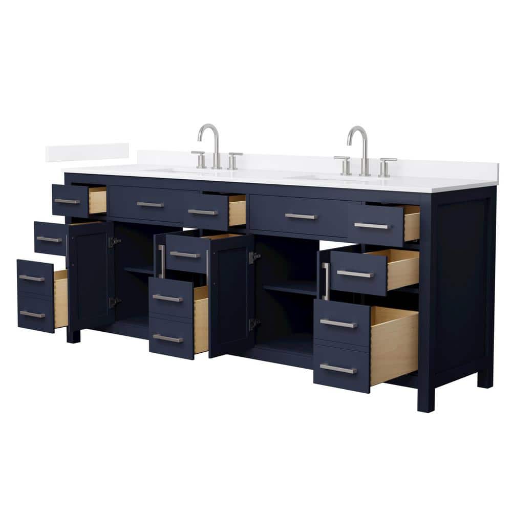 Wyndham Collection Beckett 84 in. Double Freestanding Dark Blue Bath Vanity with White Quartz Top