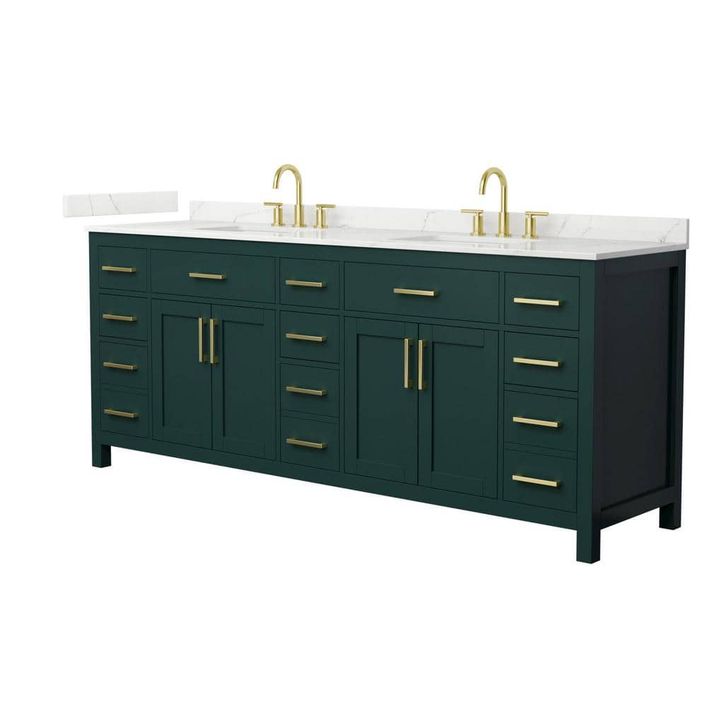 Wyndham Collection Beckett 84 in. Double Freestanding Green Bath Vanity with Giotto Quartz Top