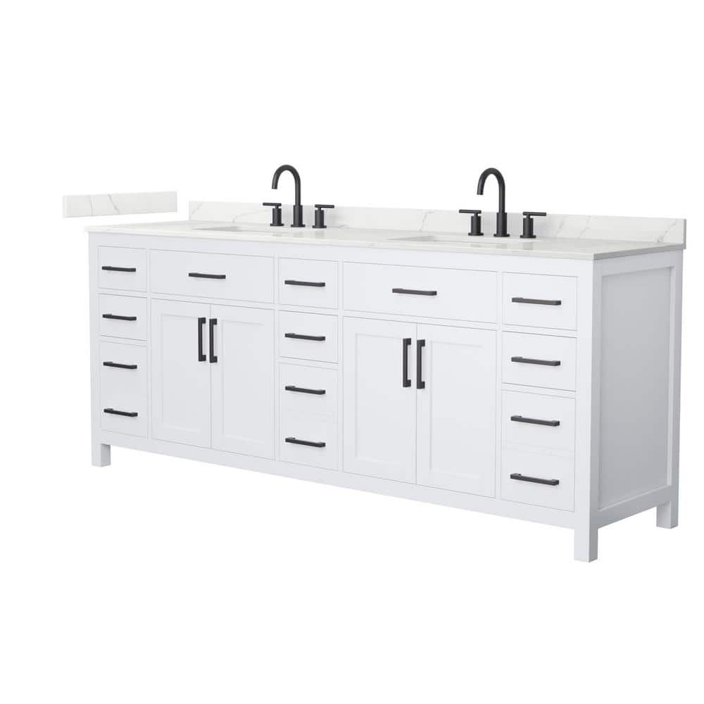 Wyndham Collection Beckett 84 in. Double Freestanding White Bath Vanity with White Quartz Top
