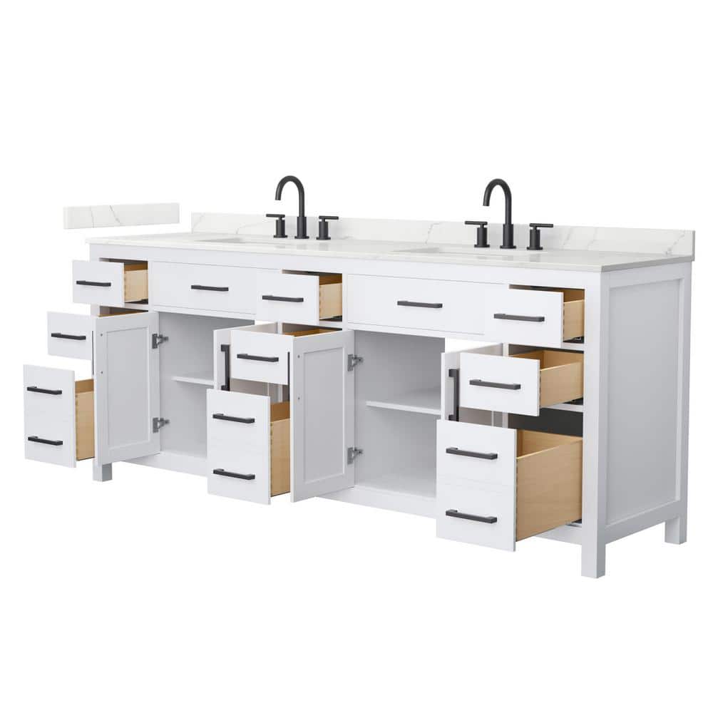 Wyndham Collection Beckett 84 in. Double Freestanding White Bath Vanity with White Quartz Top