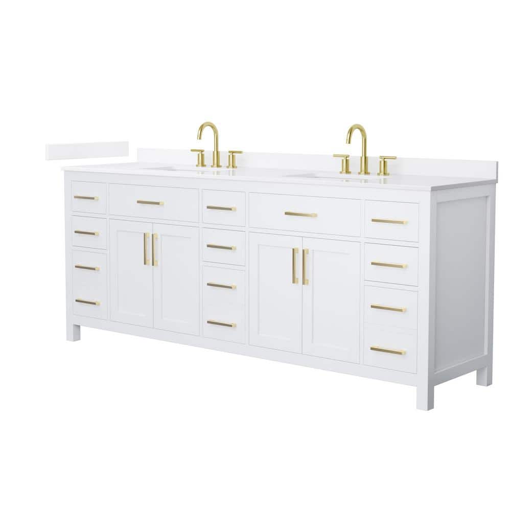 Wyndham Collection Beckett 84 in. Double Freestanding White Bath Vanity with White Quartz Top