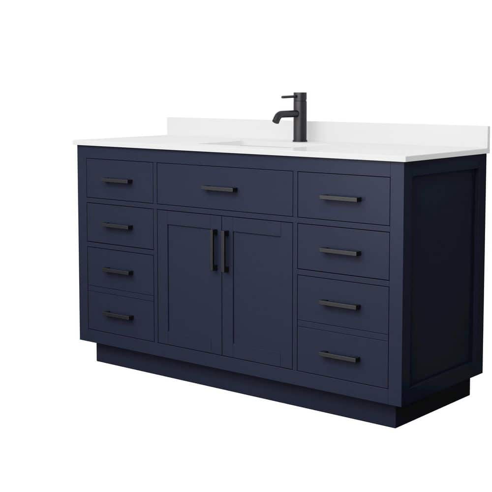 Wyndham Collection Beckett TK 60" Single Bath Vanity in Dark Blue with White Quartz Top