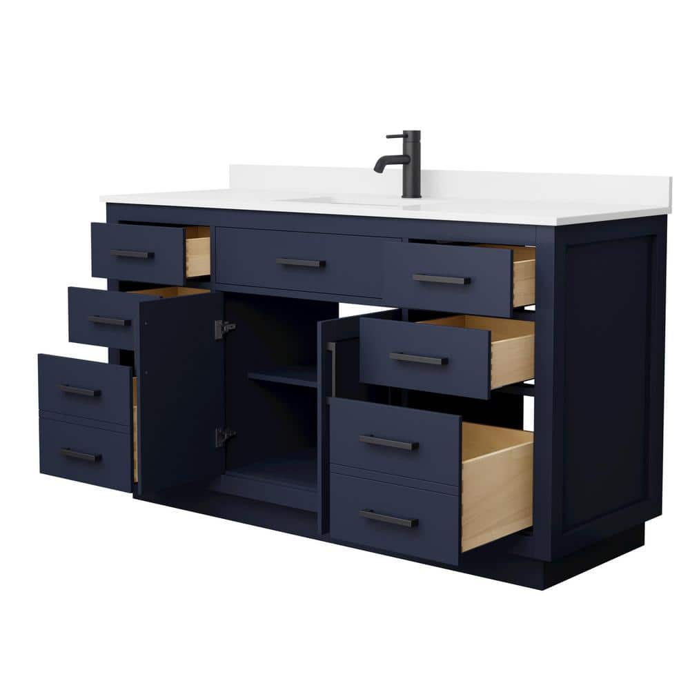 Wyndham Collection Beckett TK 60" Single Bath Vanity in Dark Blue with White Quartz Top