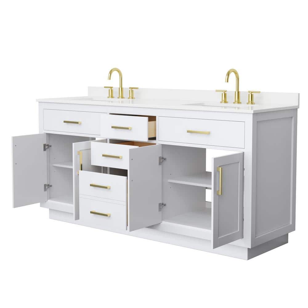Wyndham Collection Beckett TK 72" Double Sink Bathroom Vanity with White Quartz Top and Brushed Gold Trim