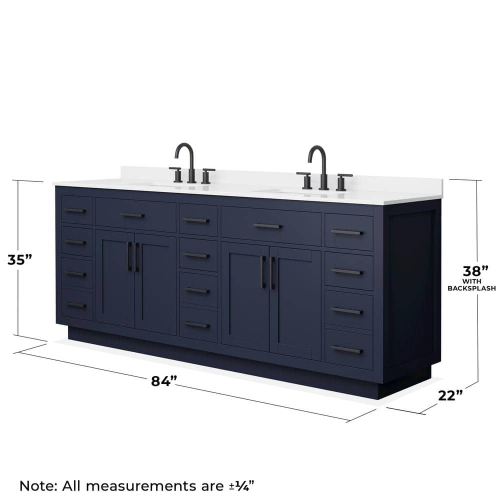 Wyndham Collection Beckett 84" Double Sink Bathroom Vanity in Dark Blue with White Quartz Top