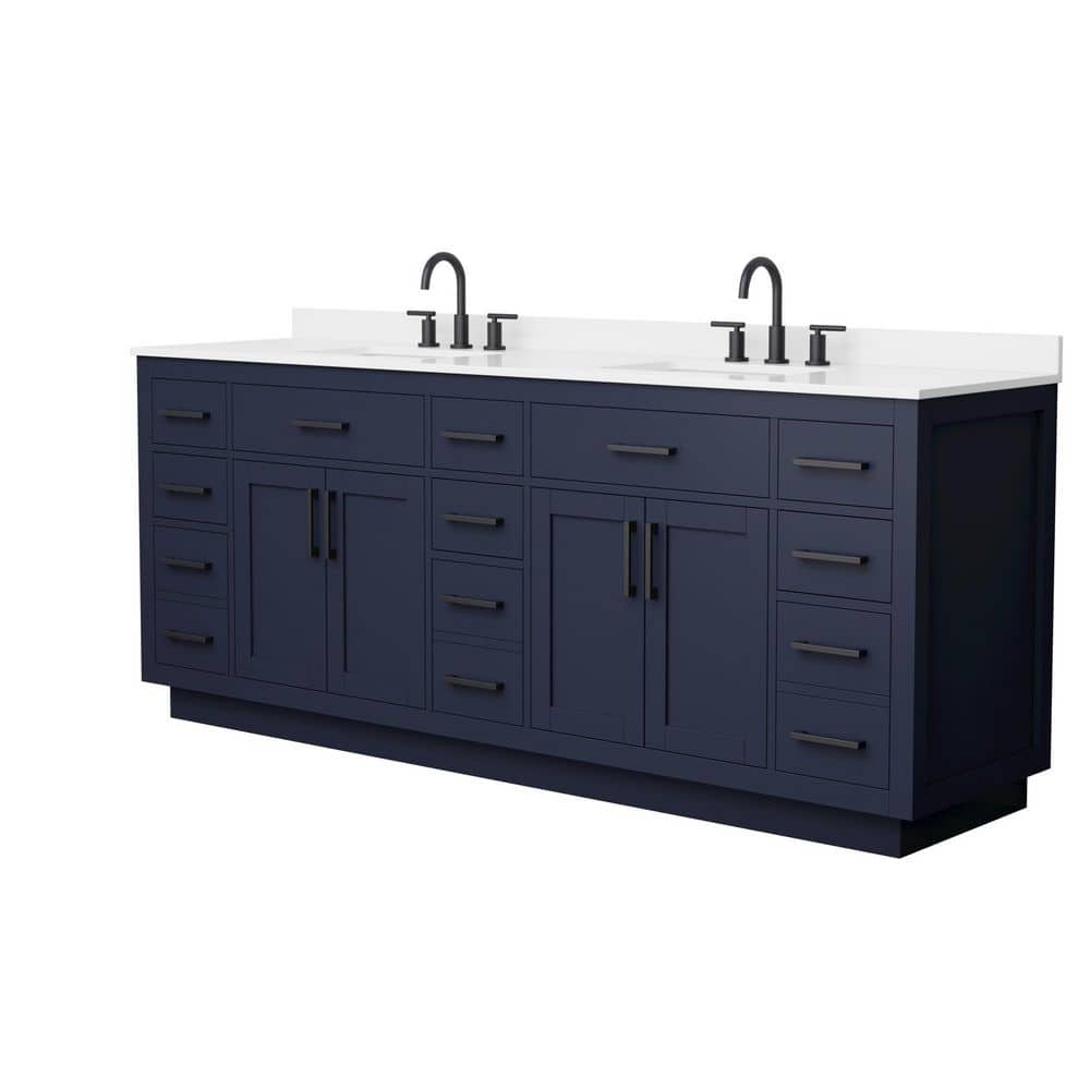 Wyndham Collection Beckett 84" Double Sink Bathroom Vanity in Dark Blue with White Quartz Top