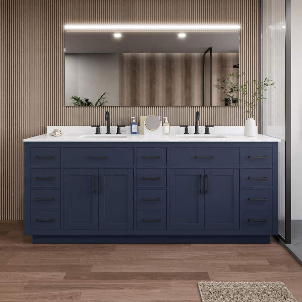 Wyndham Collection Beckett 84" Double Sink Bathroom Vanity in Dark Blue with White Quartz Top