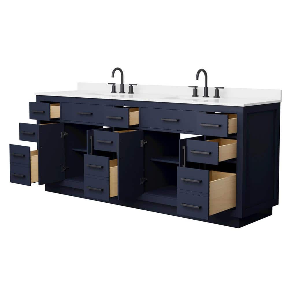Wyndham Collection Beckett 84" Double Sink Bathroom Vanity in Dark Blue with White Quartz Top