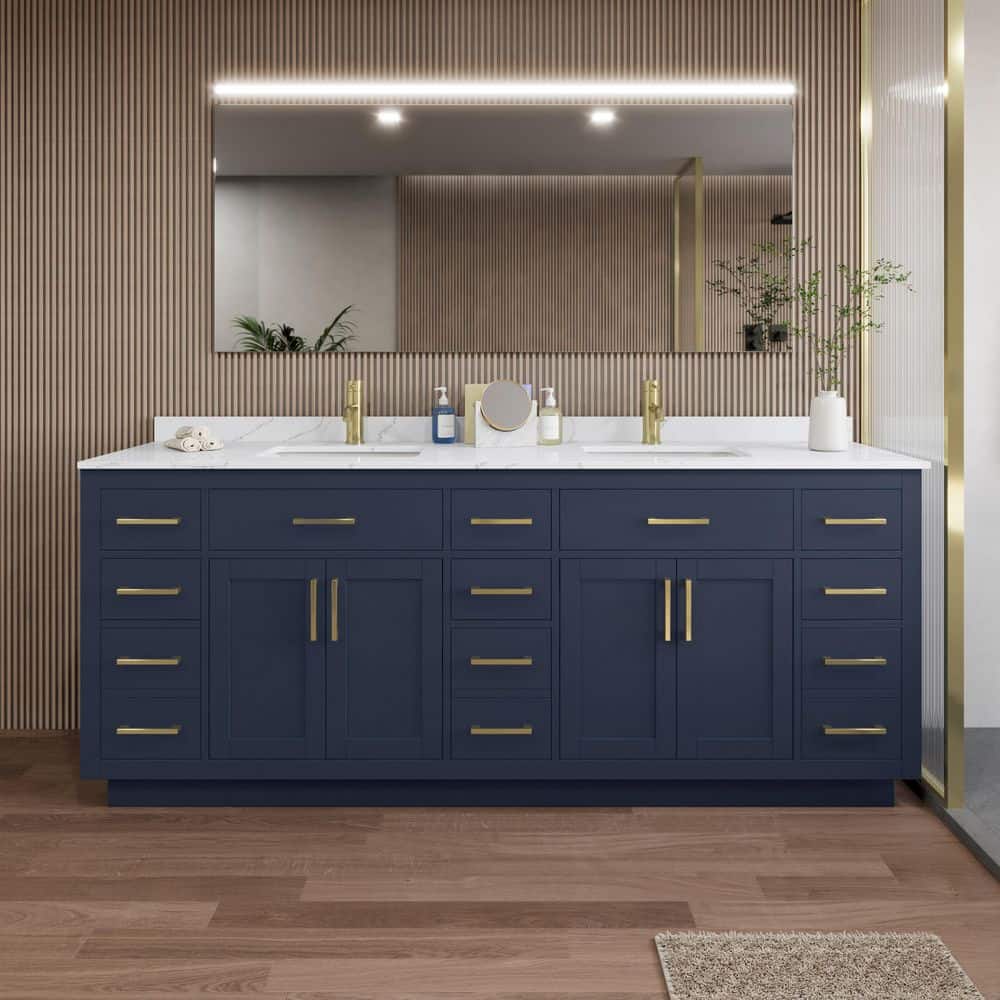 Wyndham Collection Beckett TK 84" Double Sink Bath Vanity in Dark Blue with Giotto Quartz Top