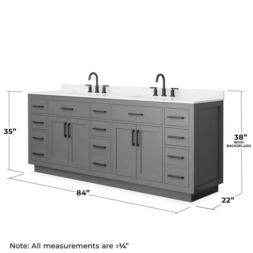 Wyndham Collection Beckett TK 84" Double Sink Bath Vanity in Dark Gray with Matte Black Trim and White Quartz Top