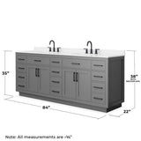 Wyndham Collection Beckett TK 84" Double Sink Bath Vanity in Dark Gray with Matte Black Trim and White Quartz Top