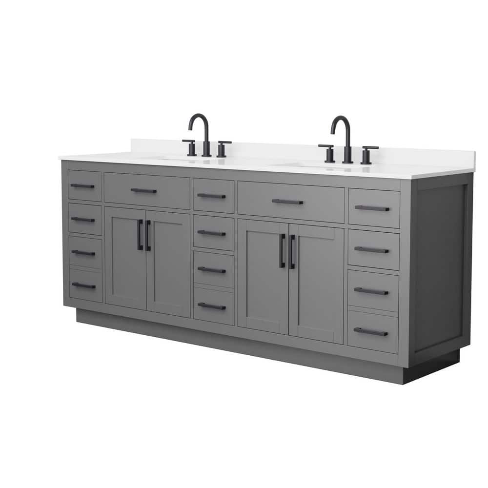 Wyndham Collection Beckett TK 84" Double Sink Bath Vanity in Dark Gray with Matte Black Trim and White Quartz Top