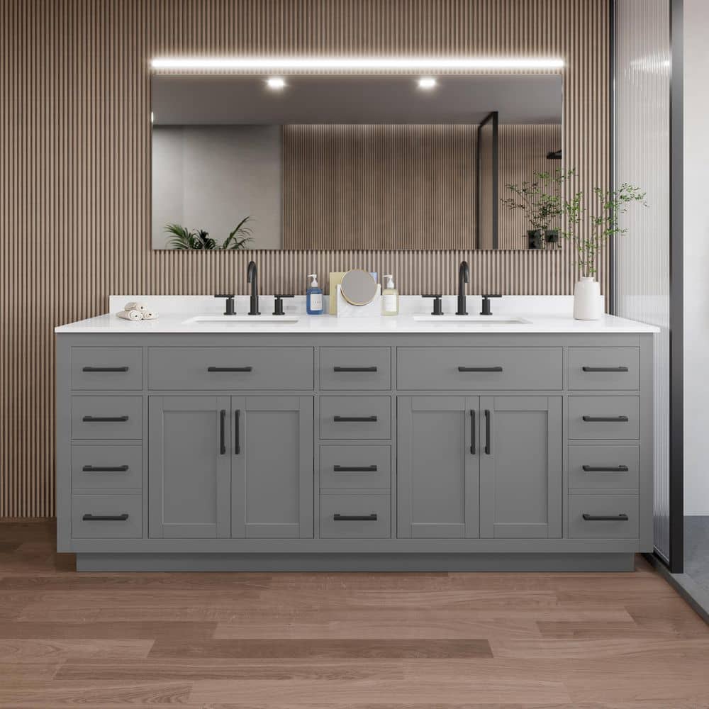Wyndham Collection Beckett TK 84" Double Sink Bath Vanity in Dark Gray with Matte Black Trim and White Quartz Top