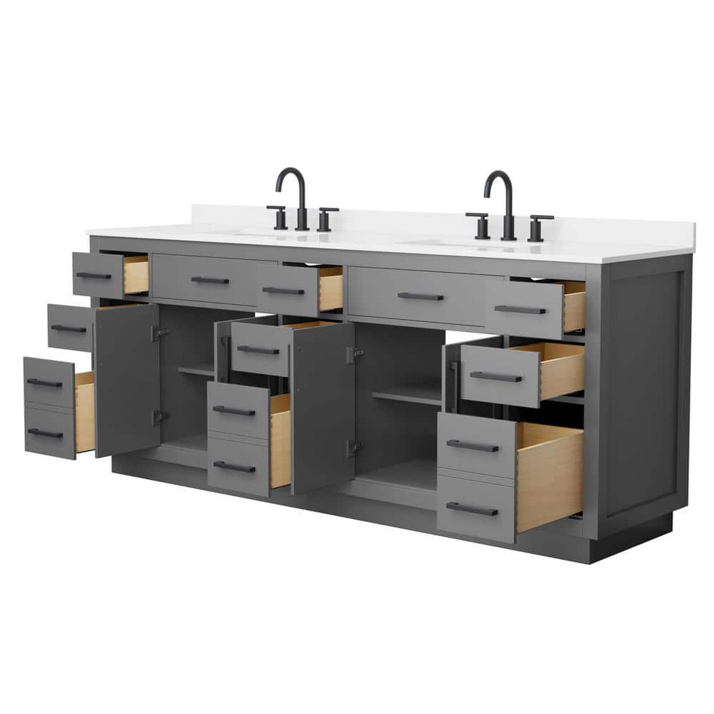 Wyndham Collection Beckett TK 84" Double Sink Bath Vanity in Dark Gray with Matte Black Trim and White Quartz Top