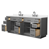 Wyndham Collection Beckett TK 84" Double Sink Bath Vanity in Dark Gray with Matte Black Trim and White Quartz Top