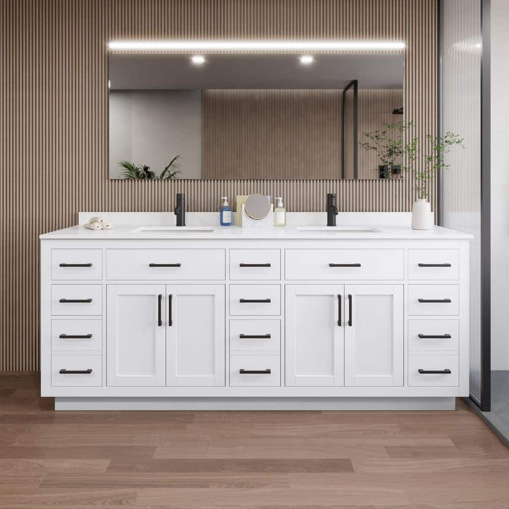 Wyndham Collection Beckett TK 84" Double Sink Bathroom Vanity with White Quartz Top