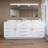 Wyndham Collection Beckett TK 84" Double Sink Bath Vanity with White Quartz Top and Brushed Nickel Trim