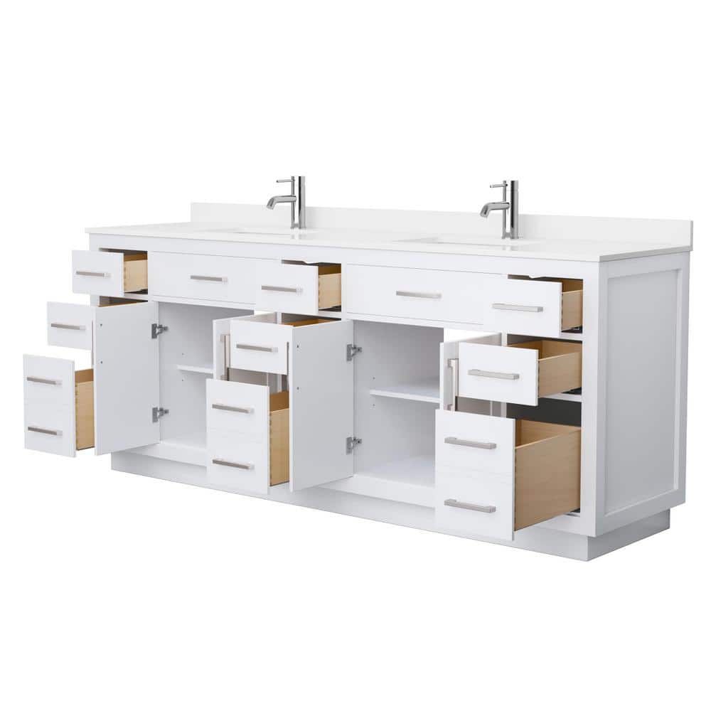 Wyndham Collection Beckett TK 84" Double Sink Bath Vanity with White Quartz Top and Brushed Nickel Trim
