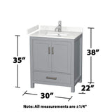 Wyndham Collection Sheffield 30" Gray Bathroom Vanity with Carrara Marble Top