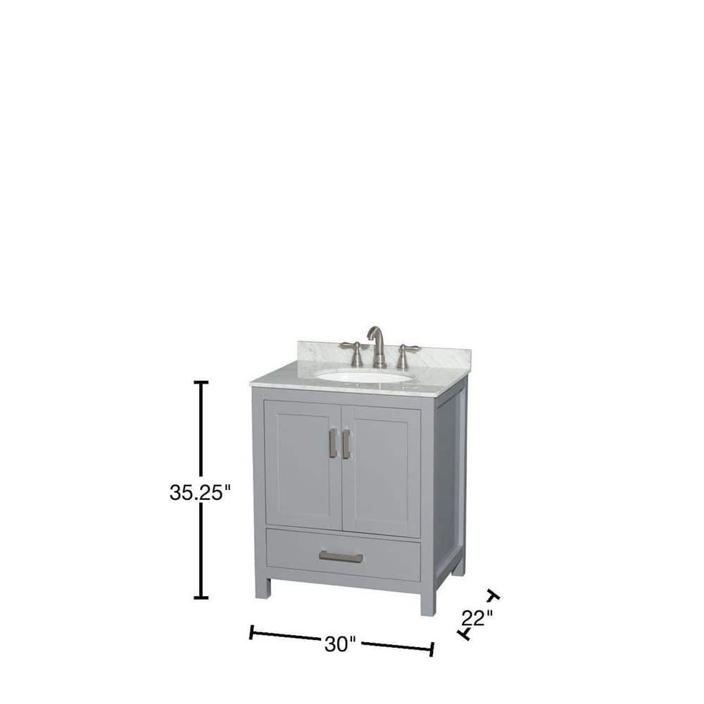 Wyndham Collection Sheffield 30" Gray Bathroom Vanity with White Carrara Marble Top