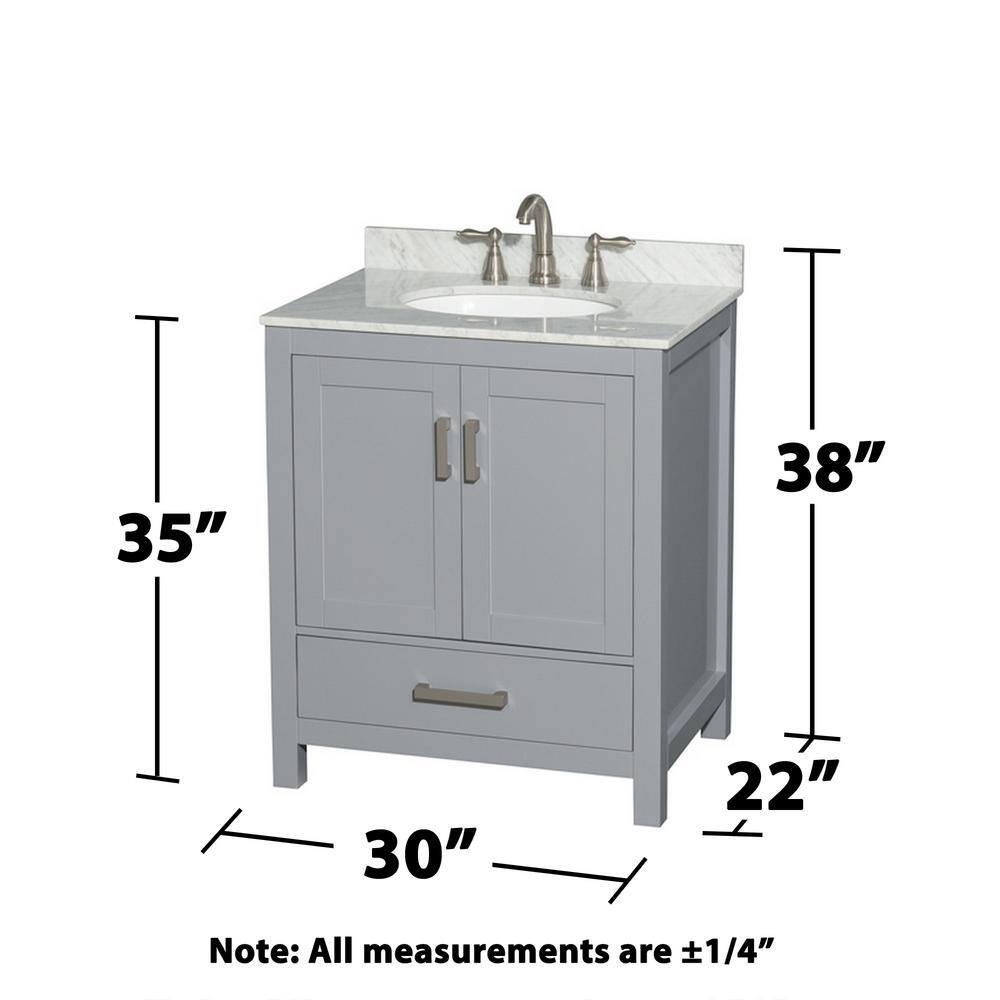 Wyndham Collection Sheffield 30" Gray Bathroom Vanity with White Carrara Marble Top