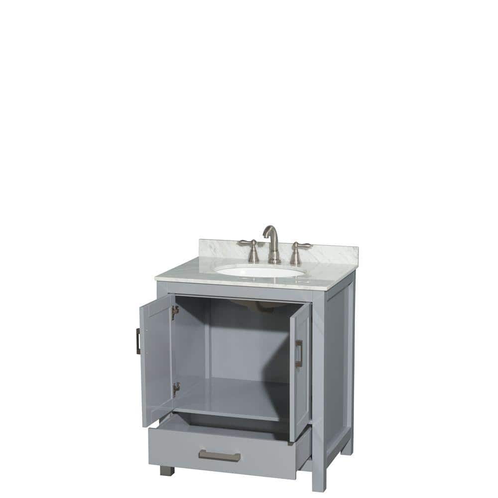 Wyndham Collection Sheffield 30" Gray Bathroom Vanity with White Carrara Marble Top